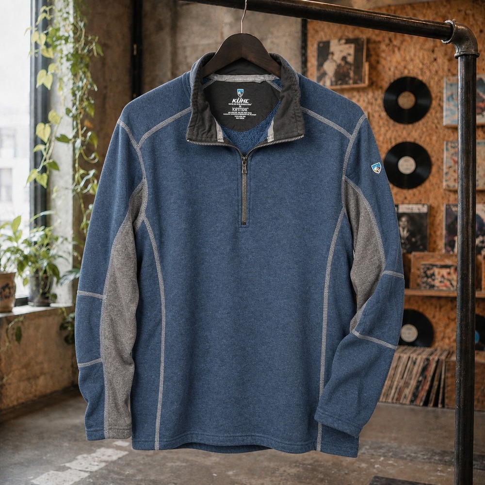 Kuhl Kashmira Mens M Blue Heathered Quarter Zip Fleece Pullover Sweater